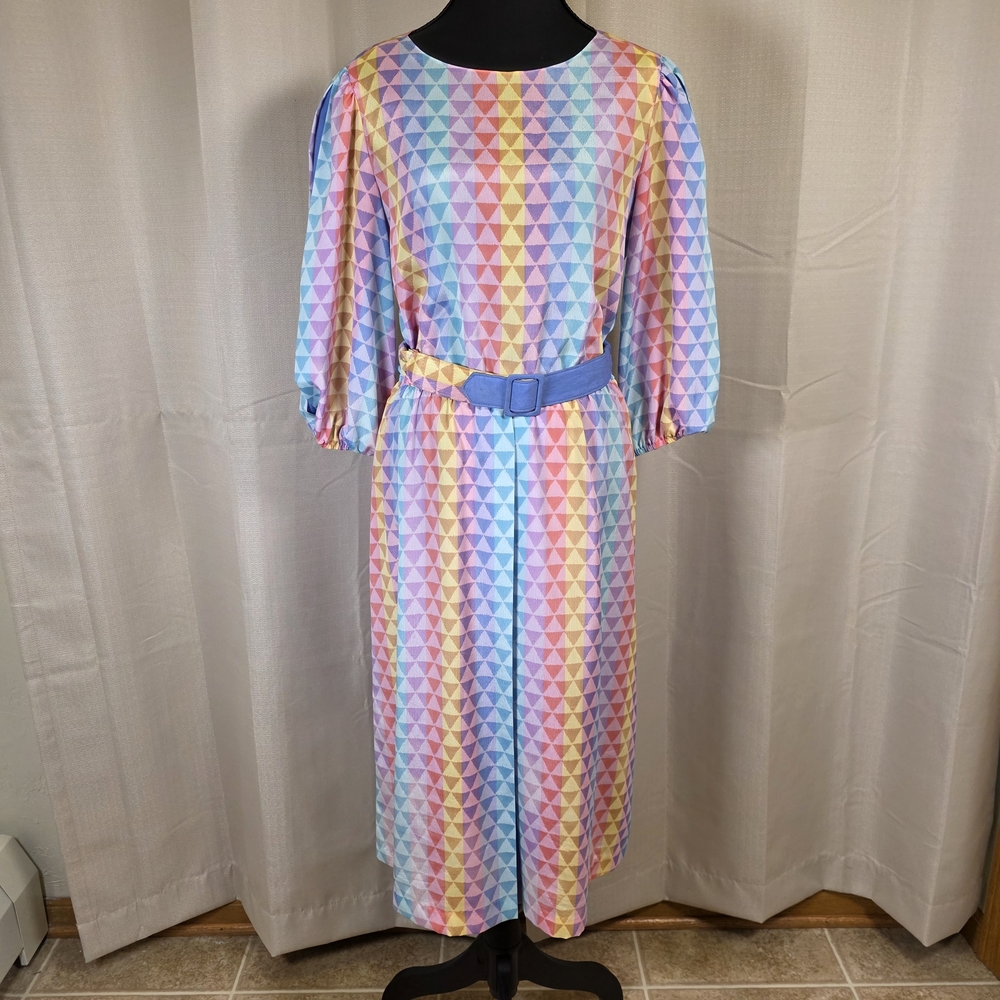 Vintage 70s Charles Alan Pastel Geometric Midi Dress w Belt